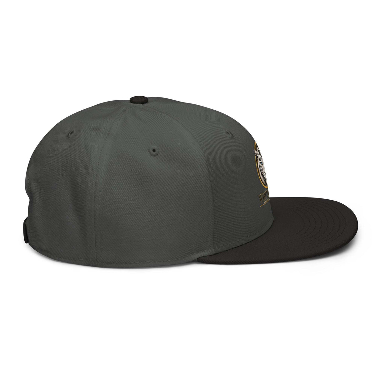 Snapback Hat in dark charcoal fabric with a black flat visor, six-panel crown, and small side patch.