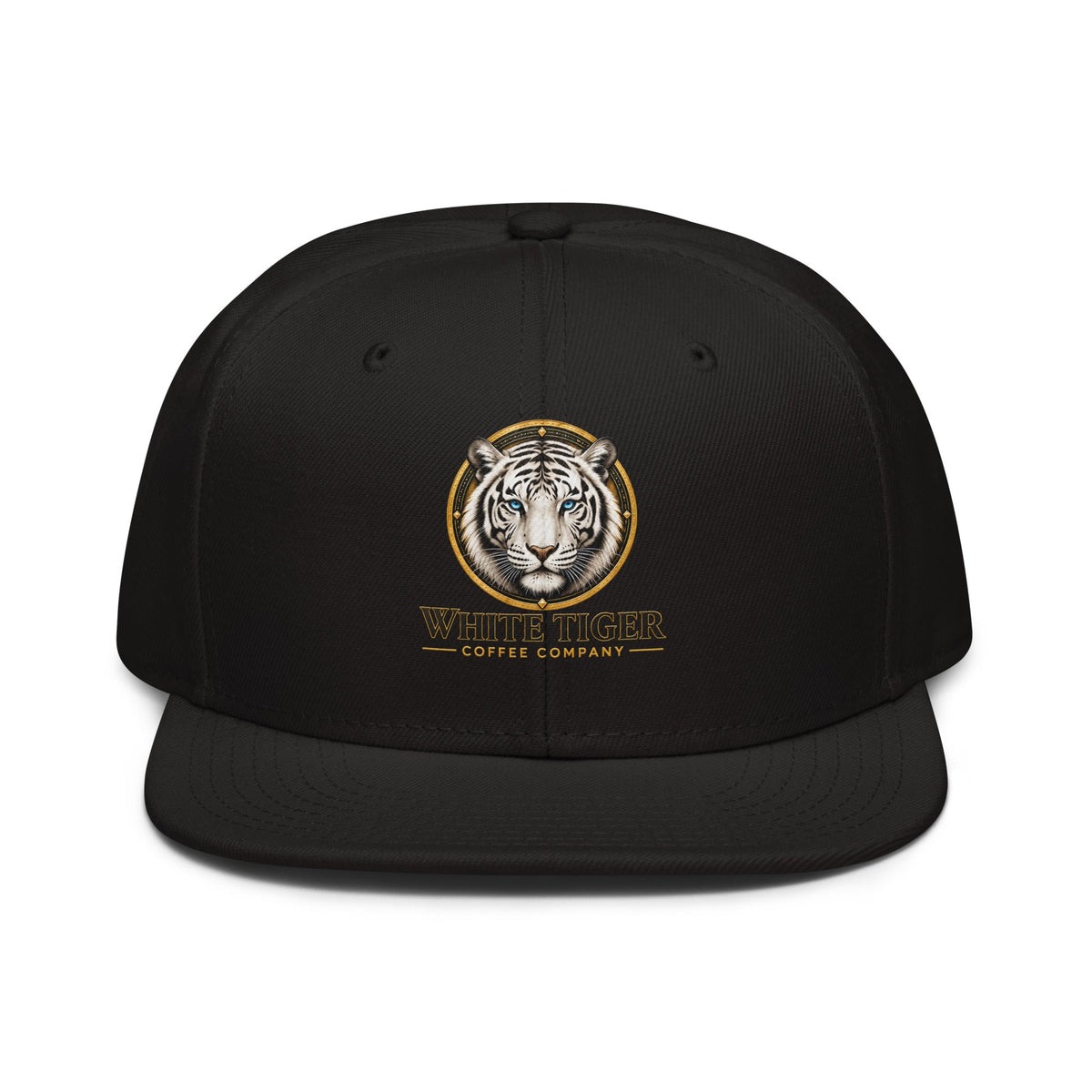 Snapback Hat in black structured fabric with a flat visor and embroidered tiger emblem and gold lettering.