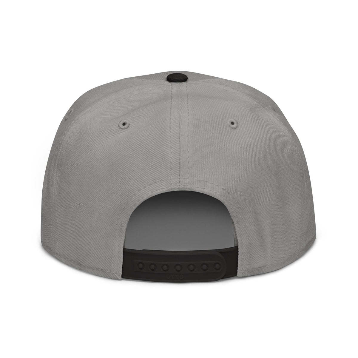Snapback Hat in light grey woven fabric, featuring a structured six-panel crown, black top button and adjustable snap closure.