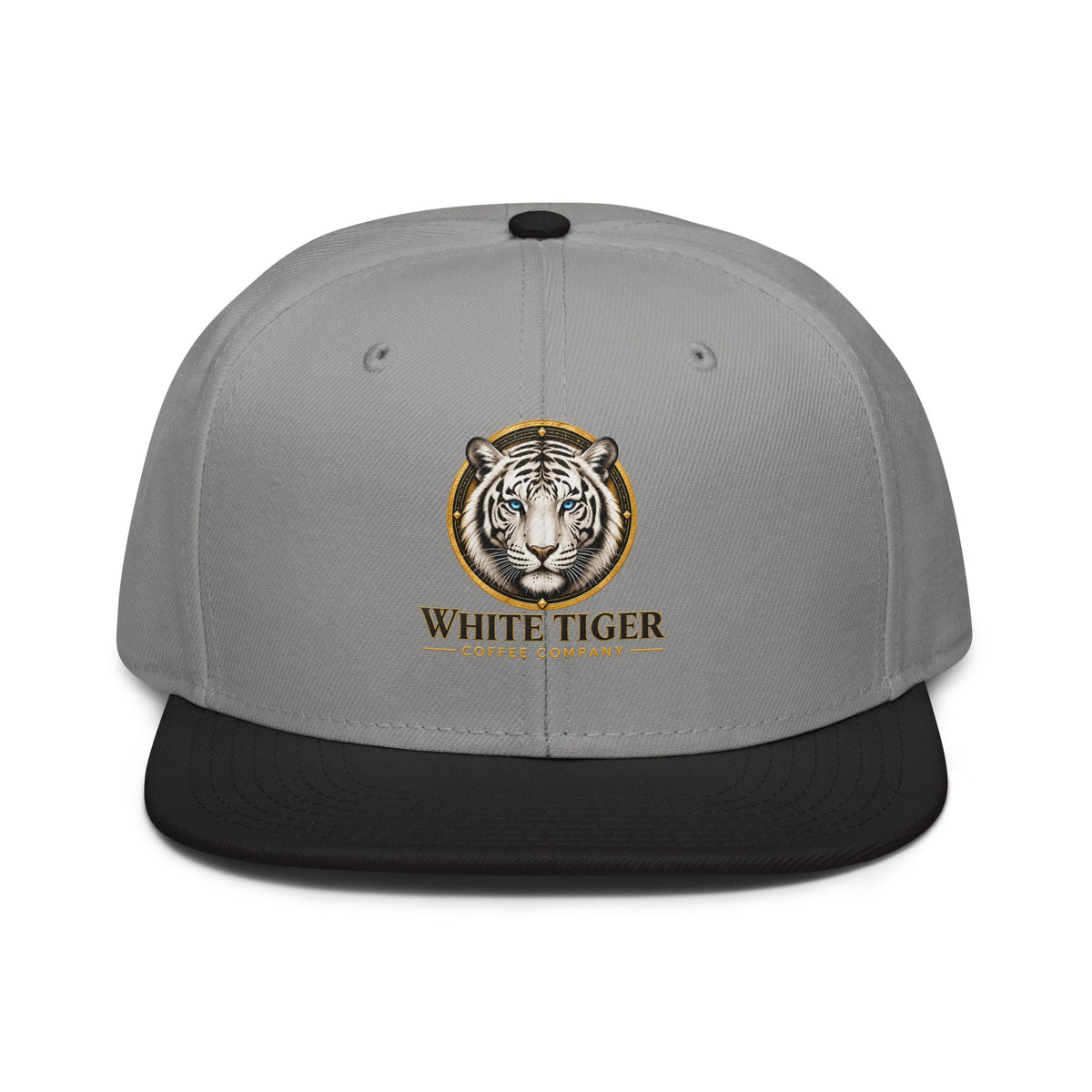 Snapback Hat in grey structured fabric with a black flat visor and embroidered tiger logo with gold accents.