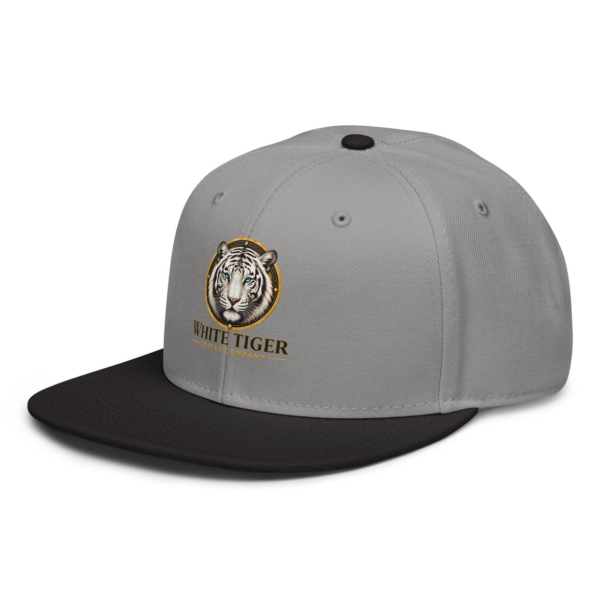Snapback Hat with a grey structured crown, black flat brim, and embroidered white tiger emblem with gold trim.