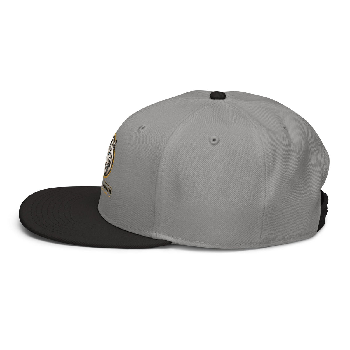 Snapback Hat with a structured grey six-panel crown, black flat visor, top button, and subtle side embroidery.