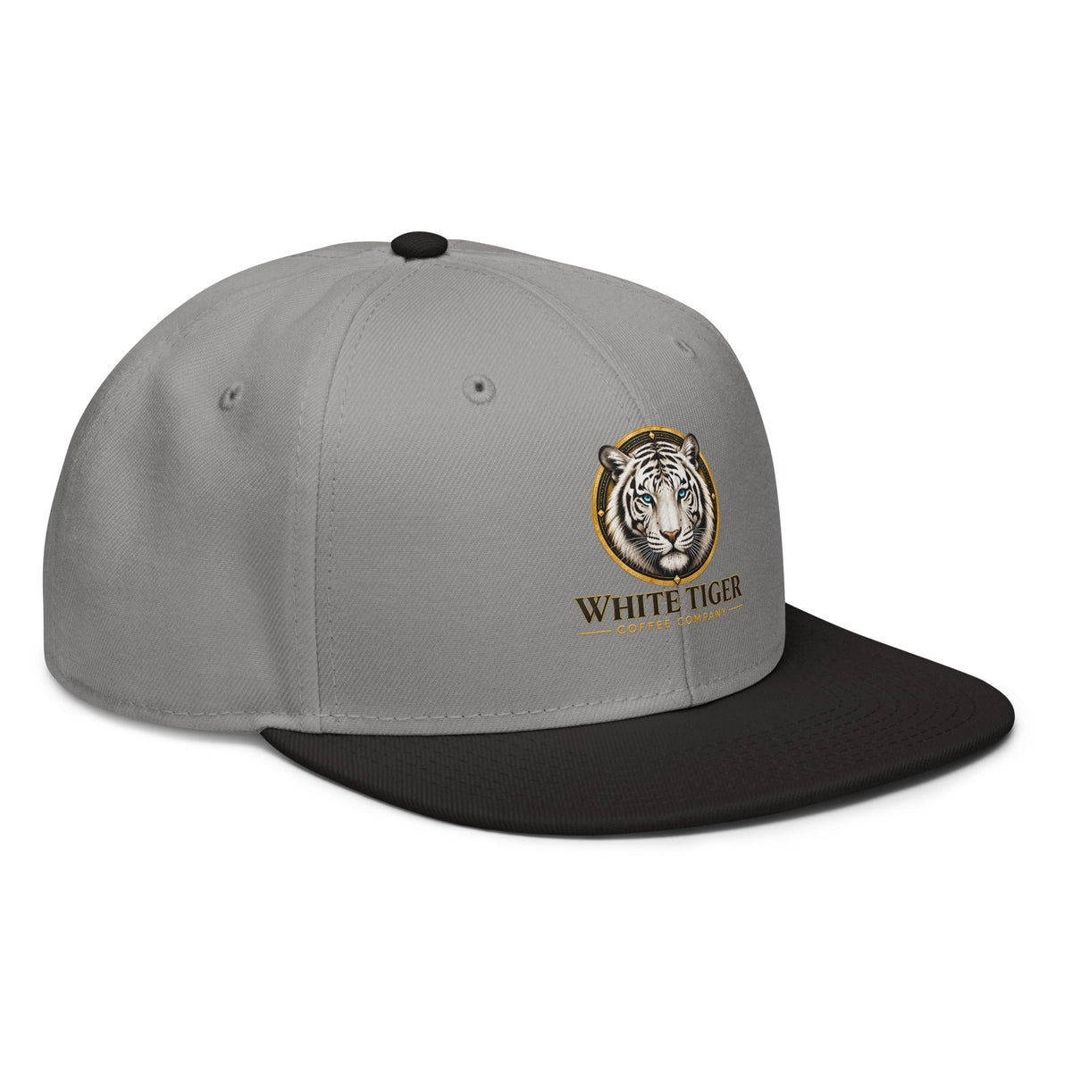 Snapback Hat in grey structured fabric with a black flat brim and embroidered tiger logo on the front panel.