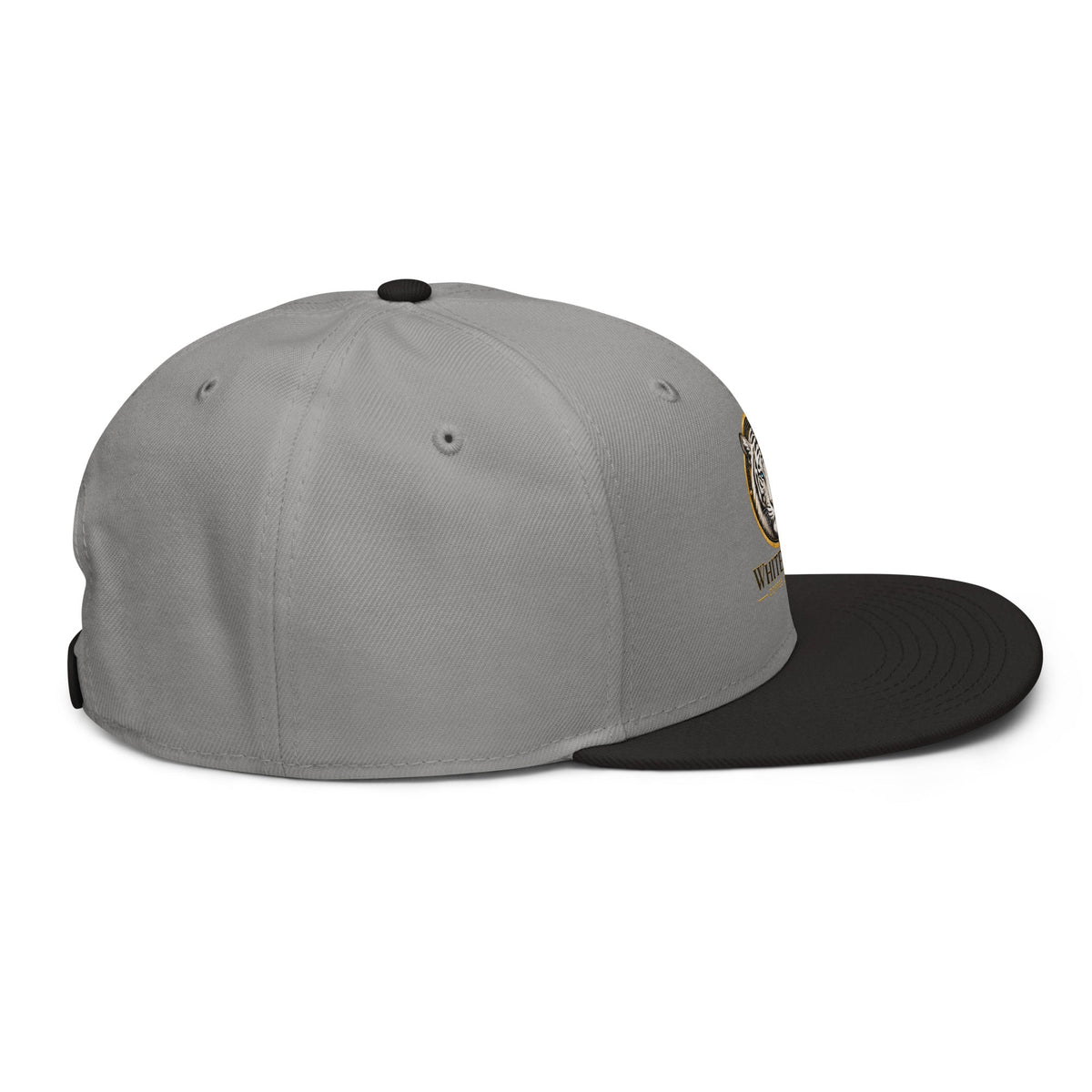 Snapback Hat with a structured grey six-panel crown, black flat visor, top button, and side emblem.