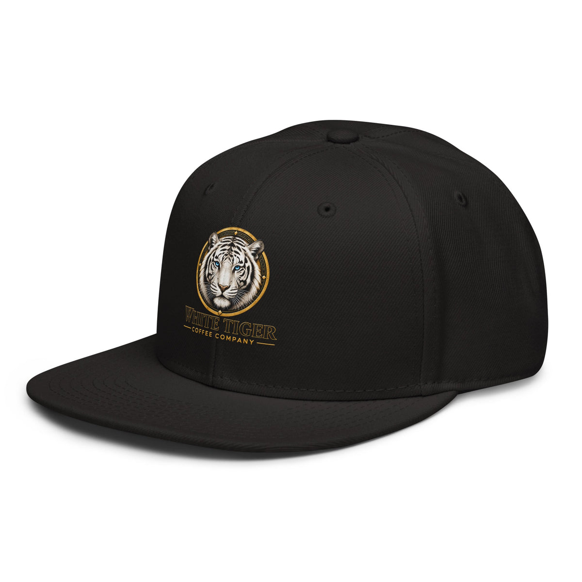 Snapback Hat in black structured fabric with a flat brim and embroidered tiger emblem with gold lettering on the front.