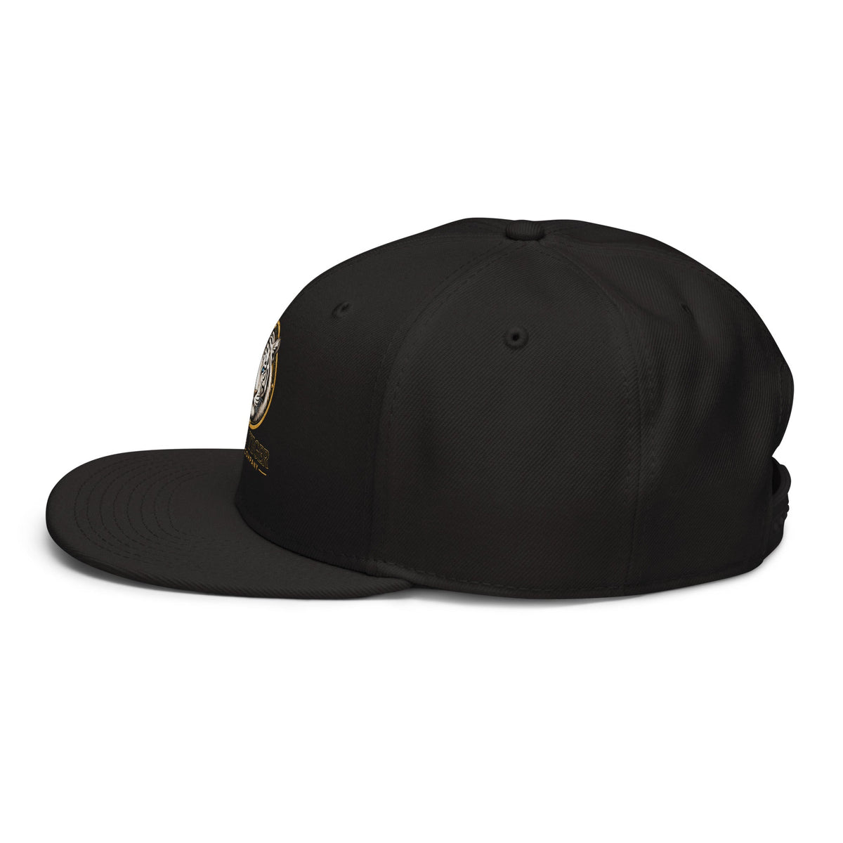 Black structured Snapback Hat with a six-panel crown, flat curved-edge brim, and a small embroidered side emblem.