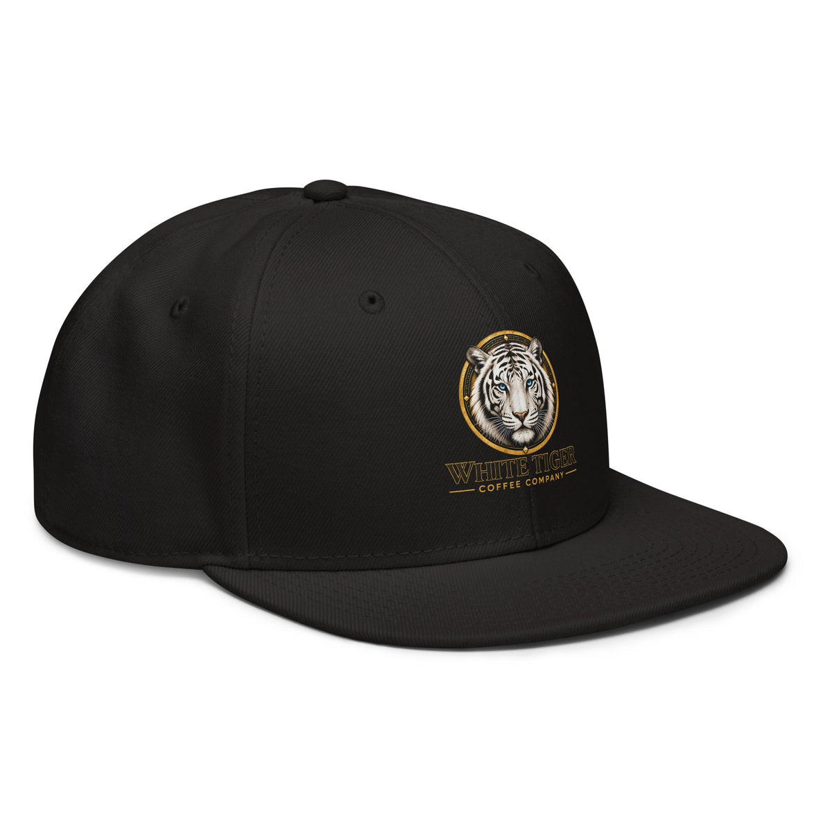 Snapback Hat in black structured fabric with a flat brim and embroidered tiger emblem with gold detailing.