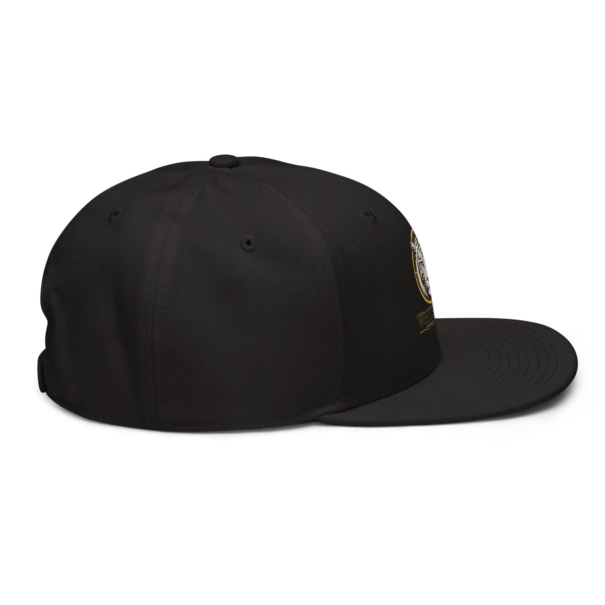 Snapback Hat in black structured fabric, with a high-profile six-panel crown, flat stitched visor, and side emblem.