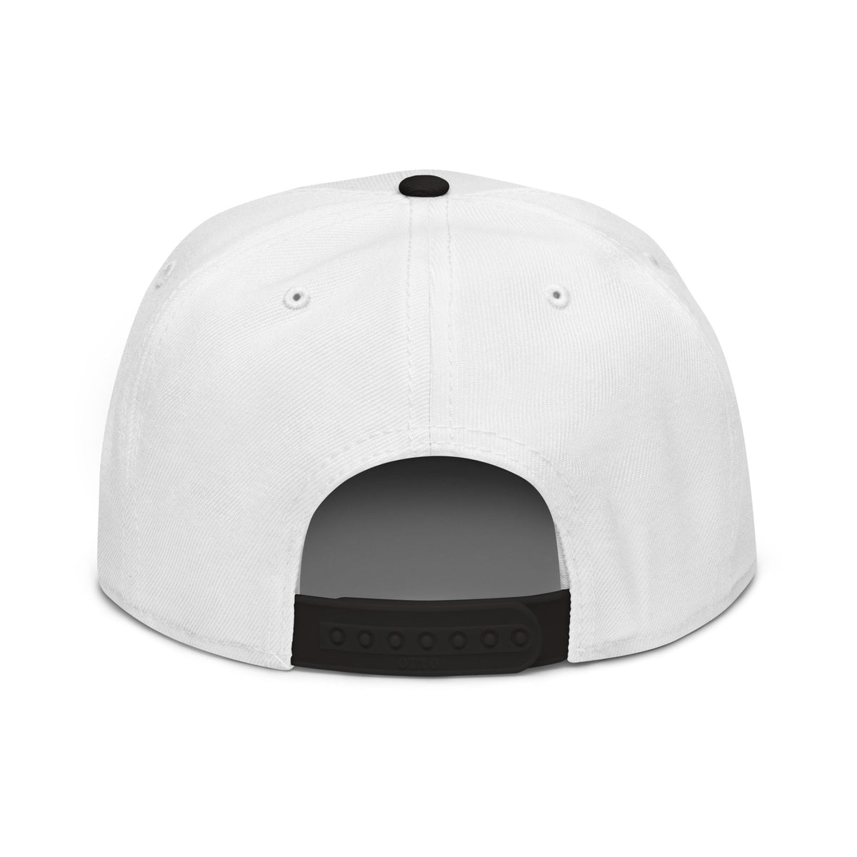Snapback Hat in white woven fabric, structured six-panel crown with a black adjustable plastic snap closure and top button.