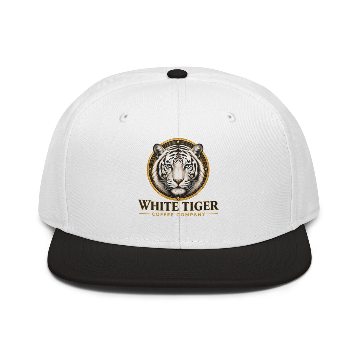 Snapback Hat with a white structured crown, black flat visor, and embroidered tiger logo with gold lettering on the front.