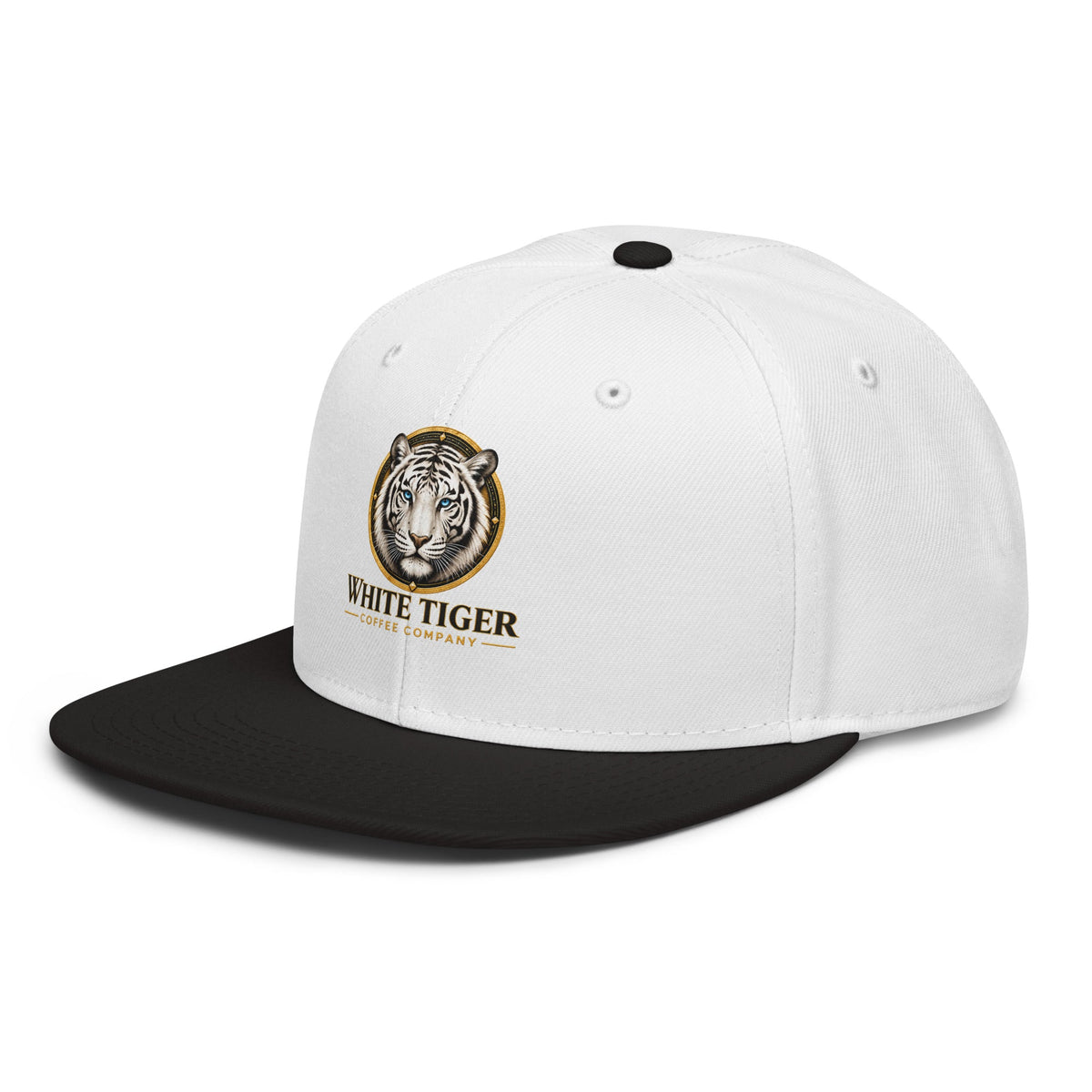 Snapback Hat with a white structured crown, black flat brim, and embroidered tiger logo with gold accents.