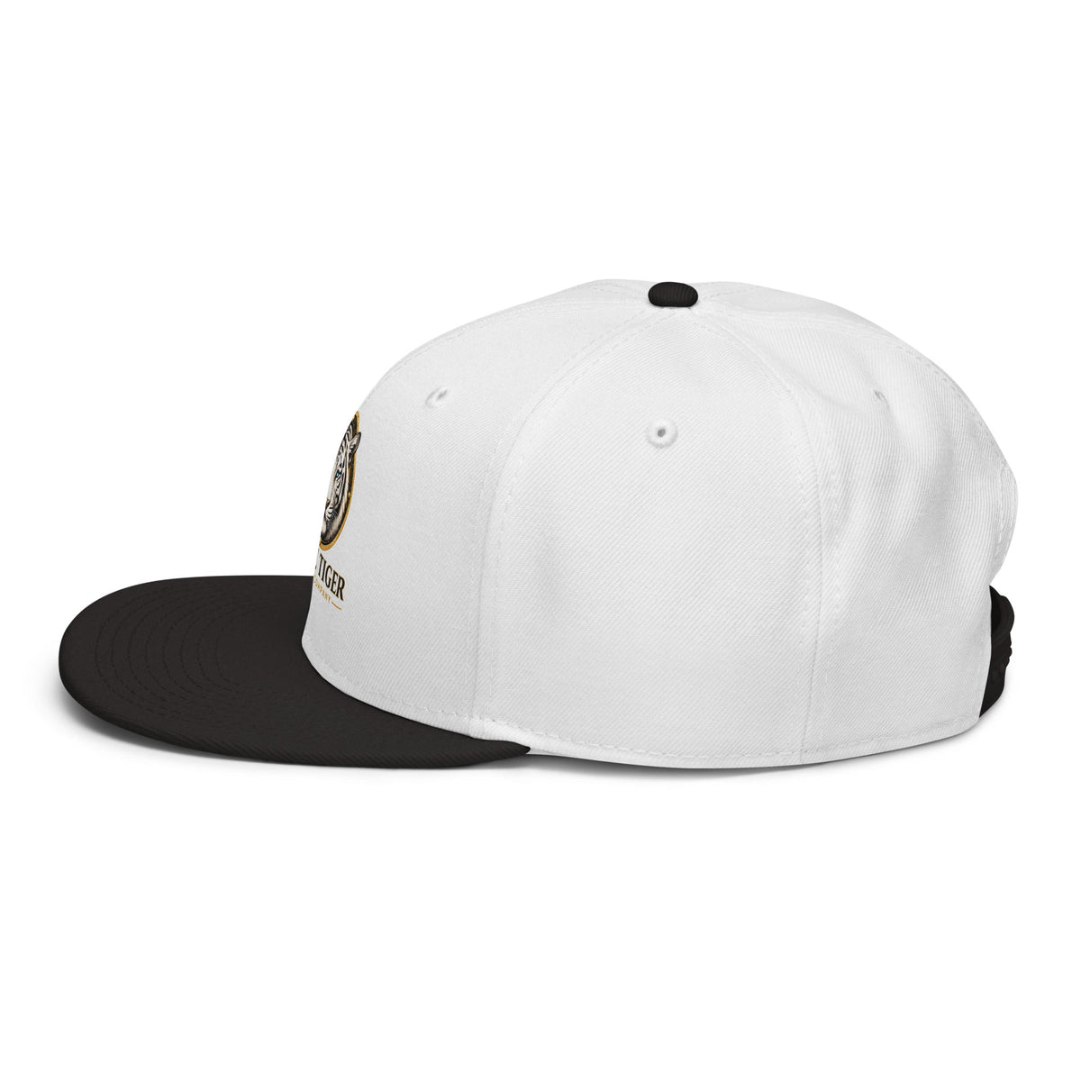 Snapback Hat with a white six-panel crown, black flat visor and top button, featuring a small side emblem.