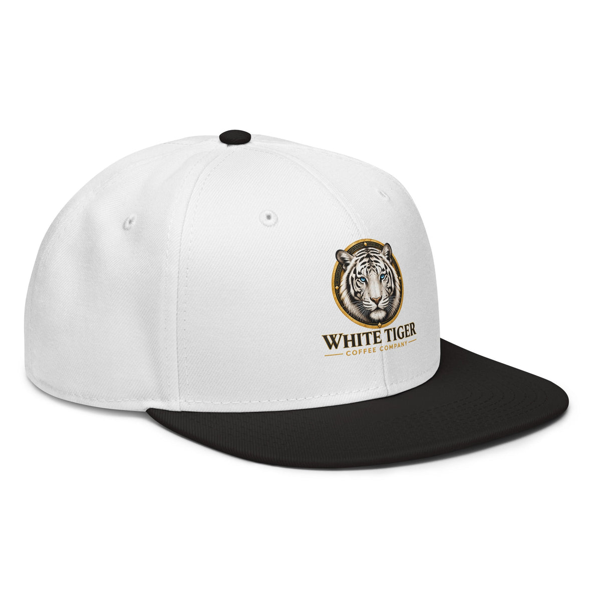 Snapback Hat with a white structured crown, black flat visor, and embroidered tiger logo on the front panel.