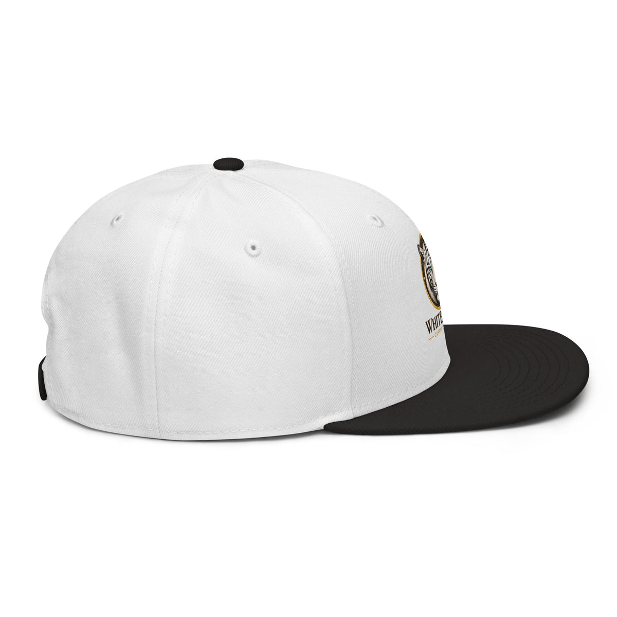 Snapback Hat with a white structured six-panel crown, black flat visor, and small side patch.