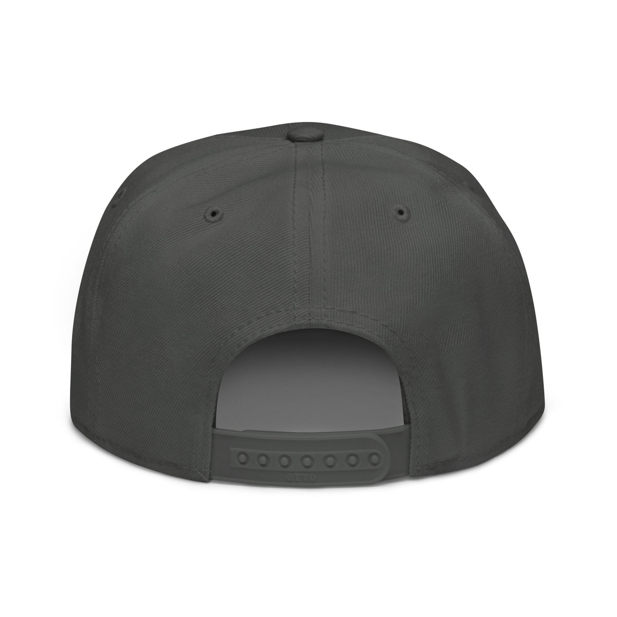 Snapback Hat in solid charcoal fabric, with a structured six-panel crown, stitched eyelets, and adjustable plastic snap closure.