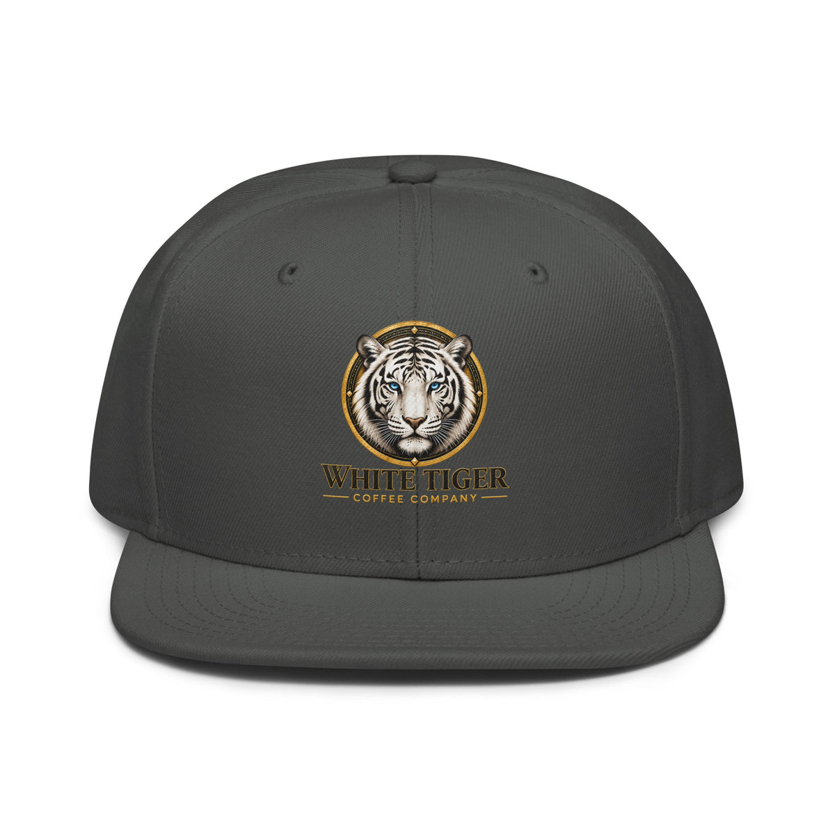 Snapback Hat in charcoal gray fabric, featuring a flat visor and embroidered tiger logo with gold accents.