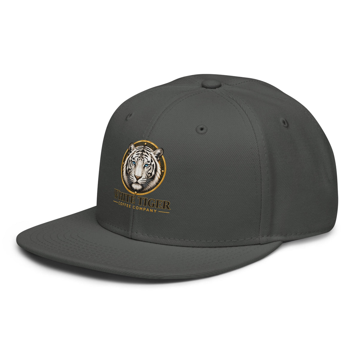 Snapback Hat in charcoal grey with a structured six-panel crown, flat brim, and embroidered tiger logo.