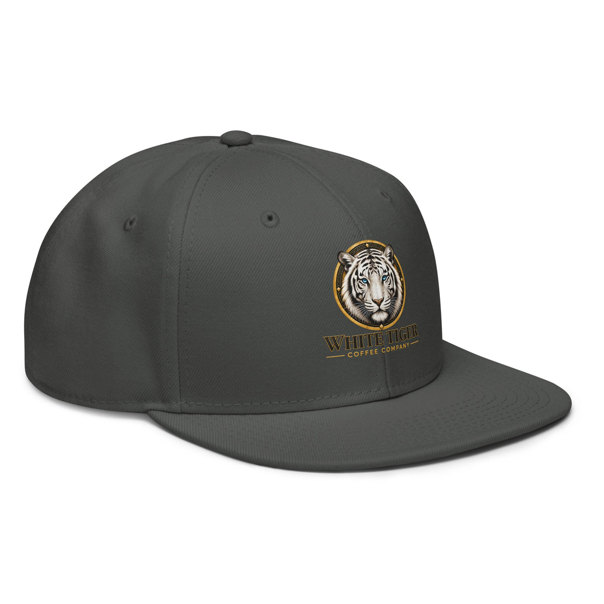 Snapback Hat in dark charcoal with a smooth structured fabric, flat brim, and embroidered tiger crest with gold accents.