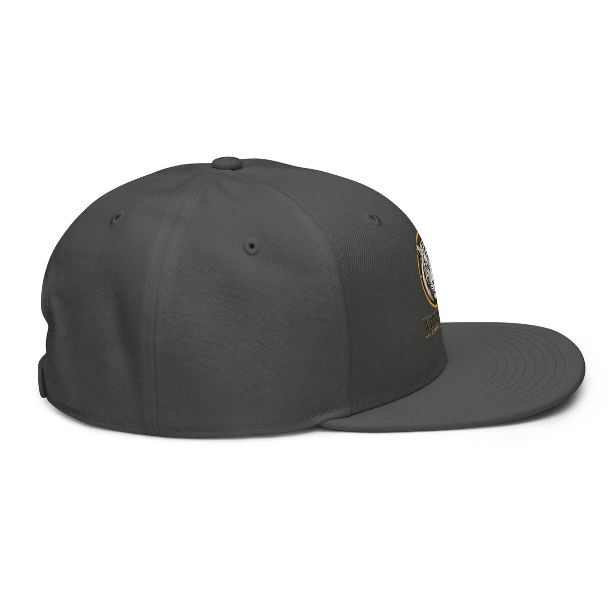 Snapback Hat in charcoal grey with a structured six-panel crown, flat brim and small embroidered side patch.