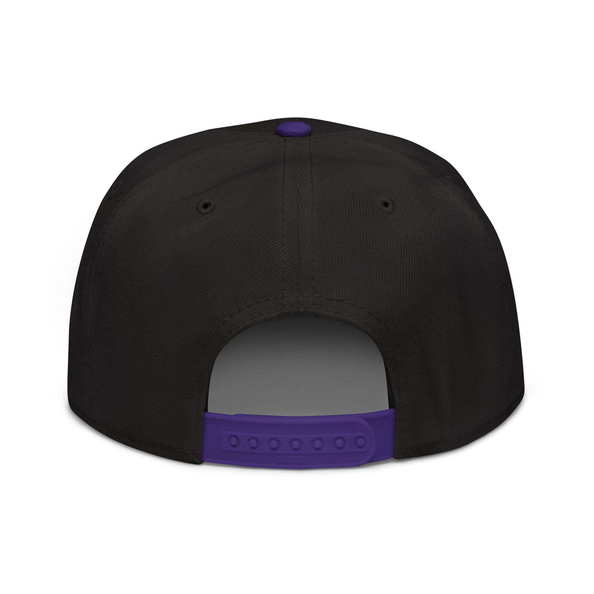 Snapback Hat in black structured fabric, shown from the back with a purple plastic snap closure and matching top button.