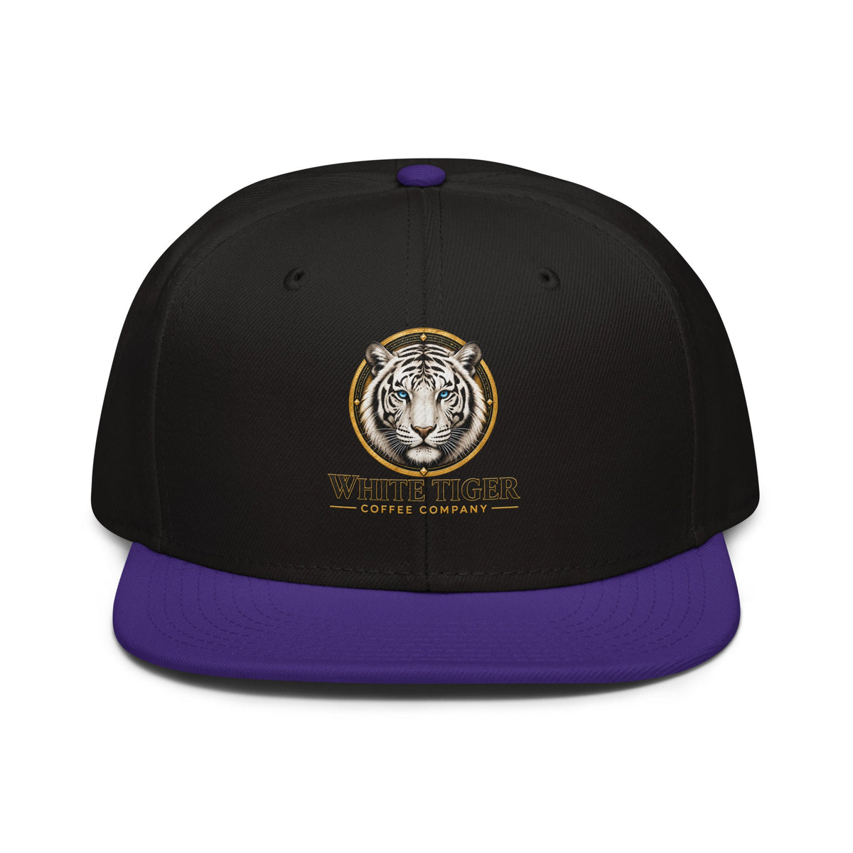Snapback Hat with a black structured crown, purple flat brim and tiger emblem embroidered on the front.