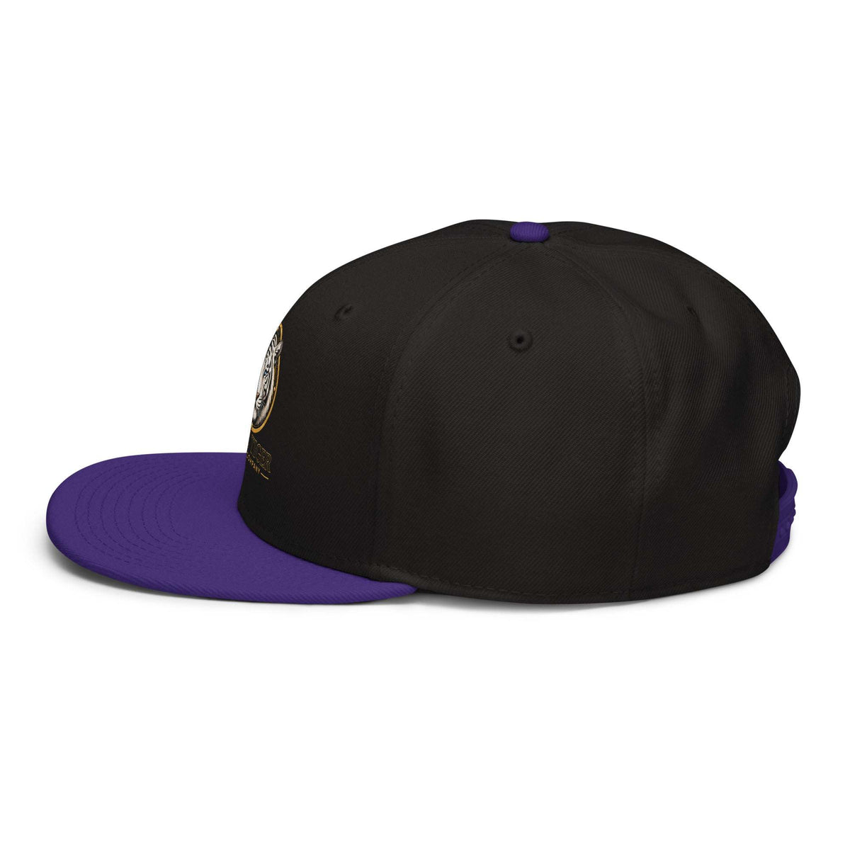 Snapback Hat with a structured black crown, flat purple visor, purple top button and small embroidered side detail.