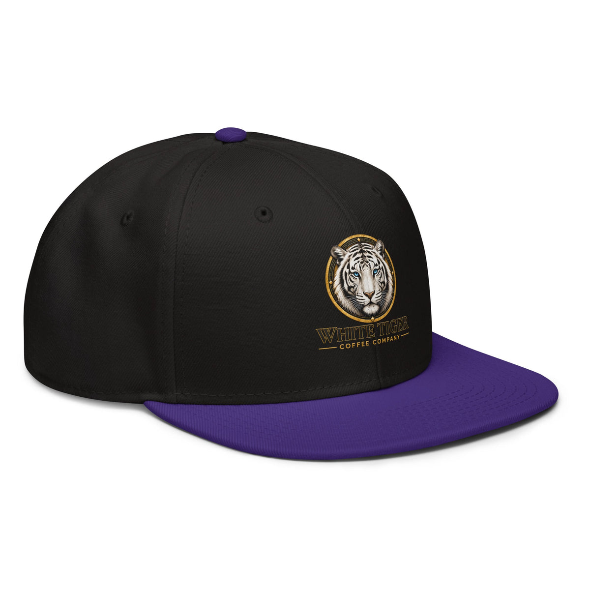 Snapback Hat with a black structured crown, purple flat brim and top button, featuring an embroidered tiger emblem.