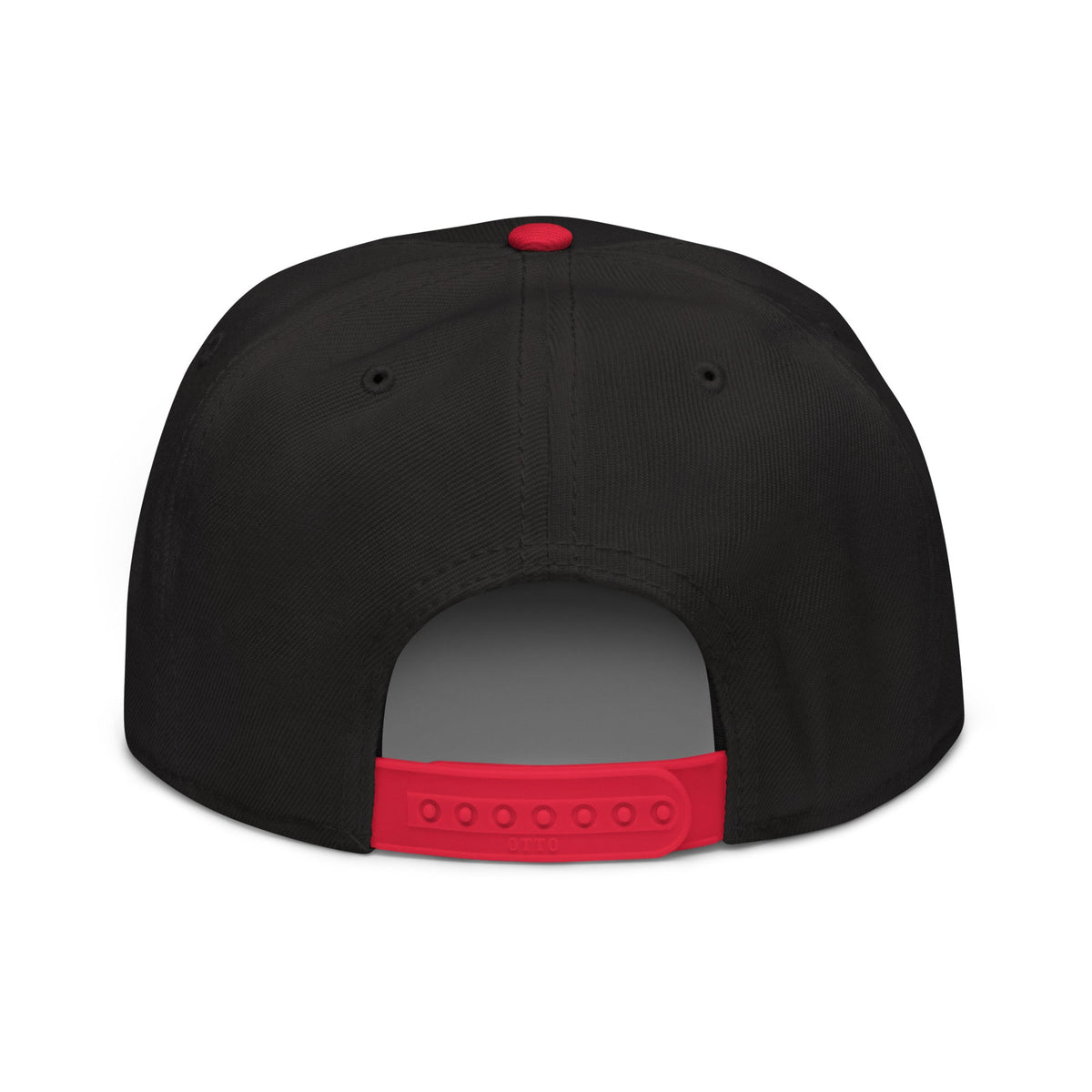 Snapback Hat in black structured fabric with a red plastic adjustable snap closure and matching red top button.