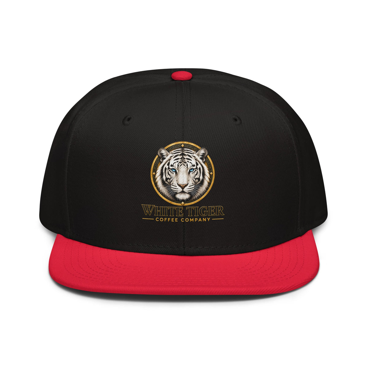 Snapback Hat in black with a bright red flat brim and top button, featuring an embroidered tiger logo on the front.