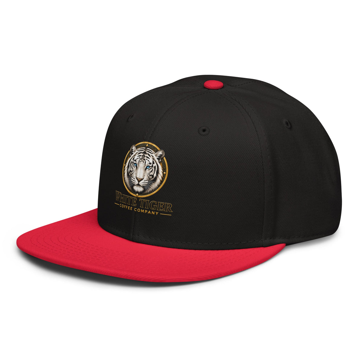 Snapback Hat with a black structured crown, bright red flat brim and top button, featuring embroidered tiger emblem.
