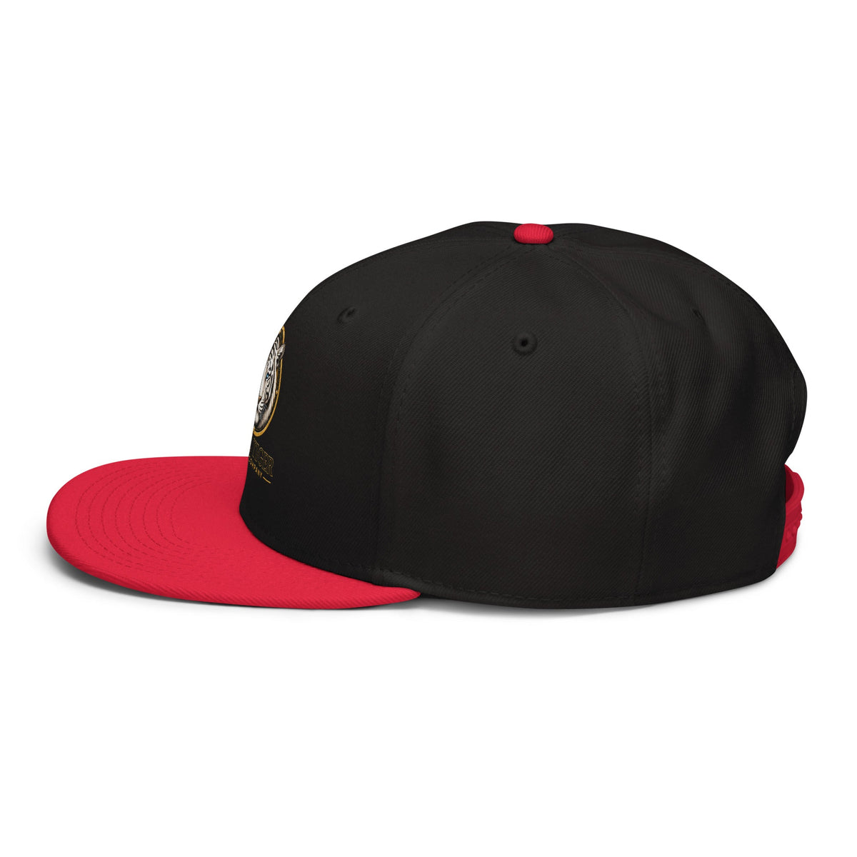 Snapback Hat with a black structured six-panel crown, bright red flat visor and top button, and a partially visible side emblem.