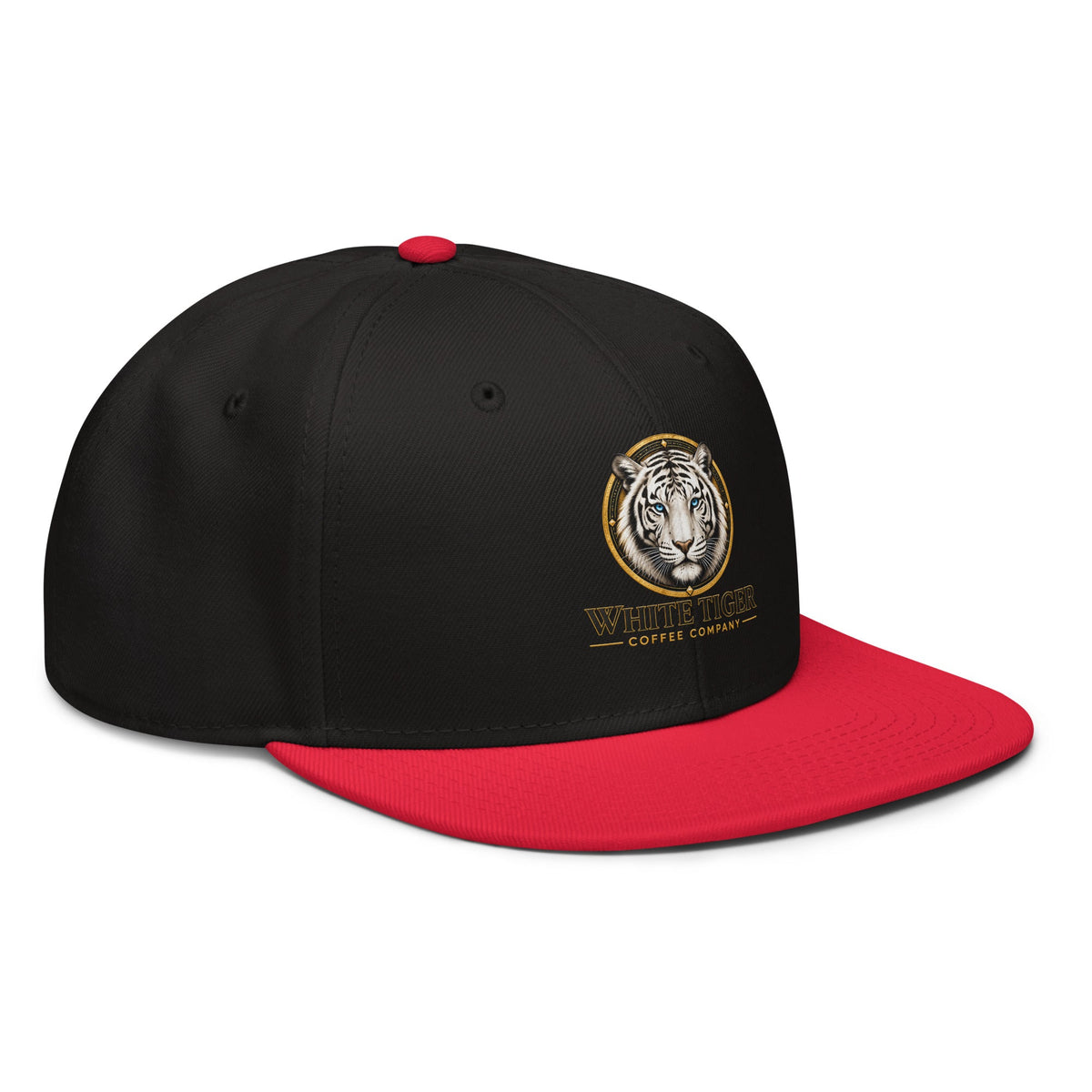 Snapback Hat with a black structured crown, bright red flat brim and top button, featuring an embroidered tiger logo.
