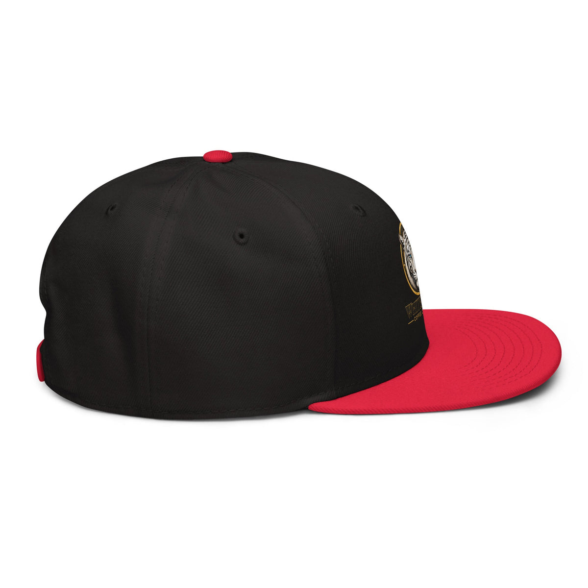Snapback Hat with a black structured crown, bright red flat visor and top button, plus a small side emblem.