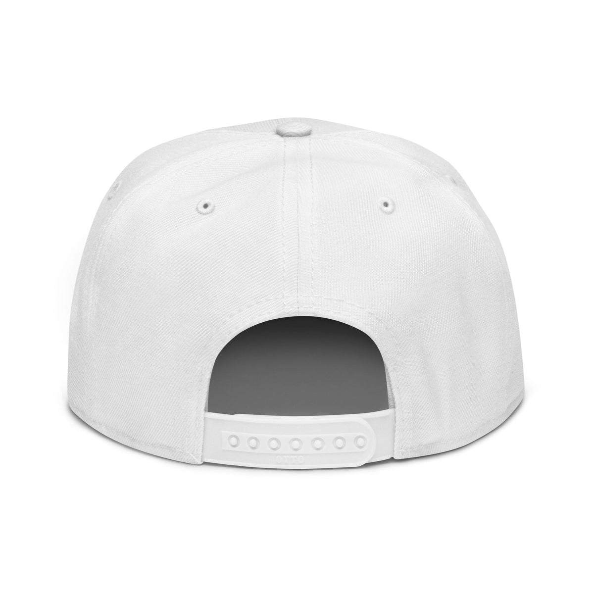 White Snapback Hat with a structured six-panel fabric crown, stitched eyelets, and adjustable plastic snap closure at the back.