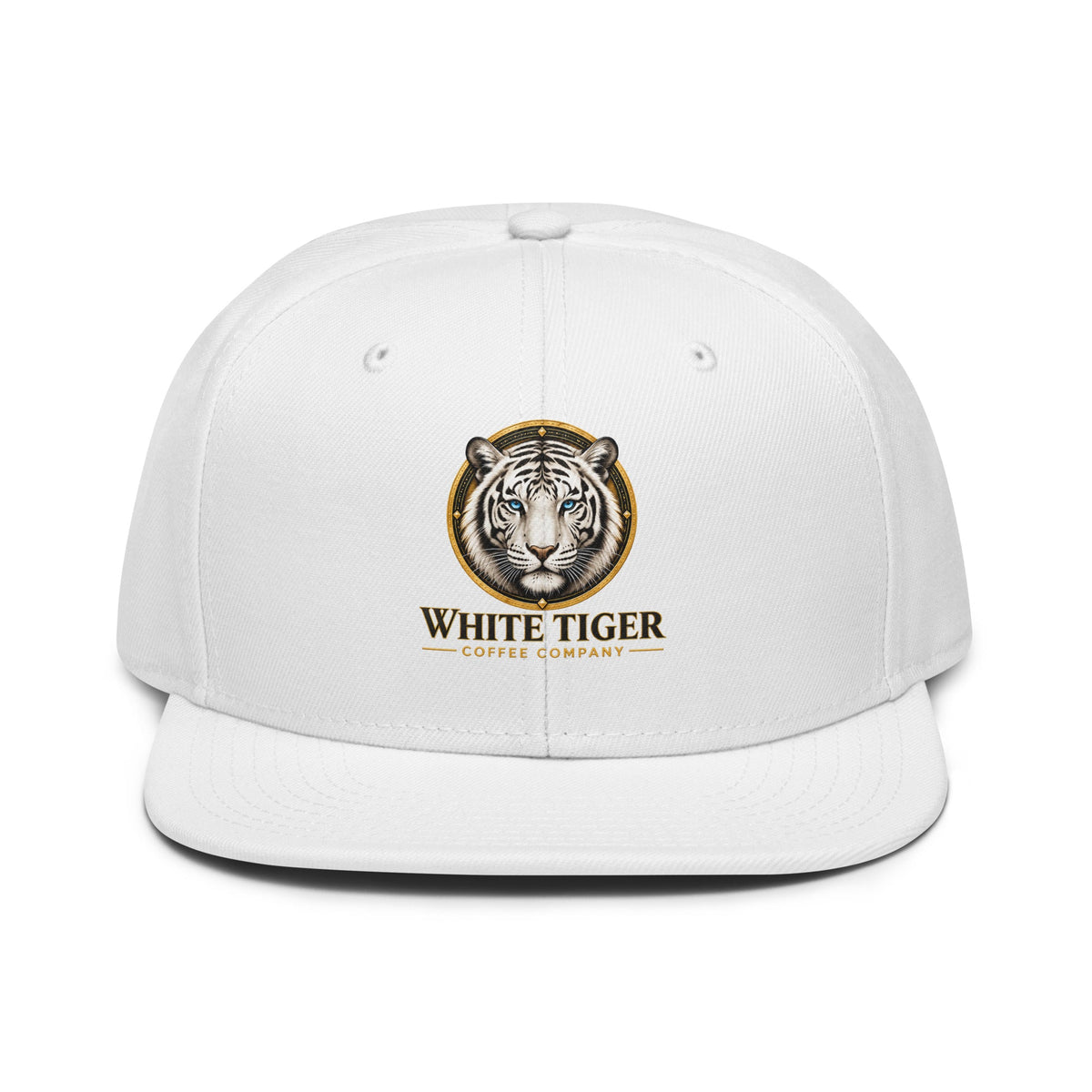 Snapback Hat in white structured fabric with a flat visor and embroidered tiger logo with gold lettering on the front.
