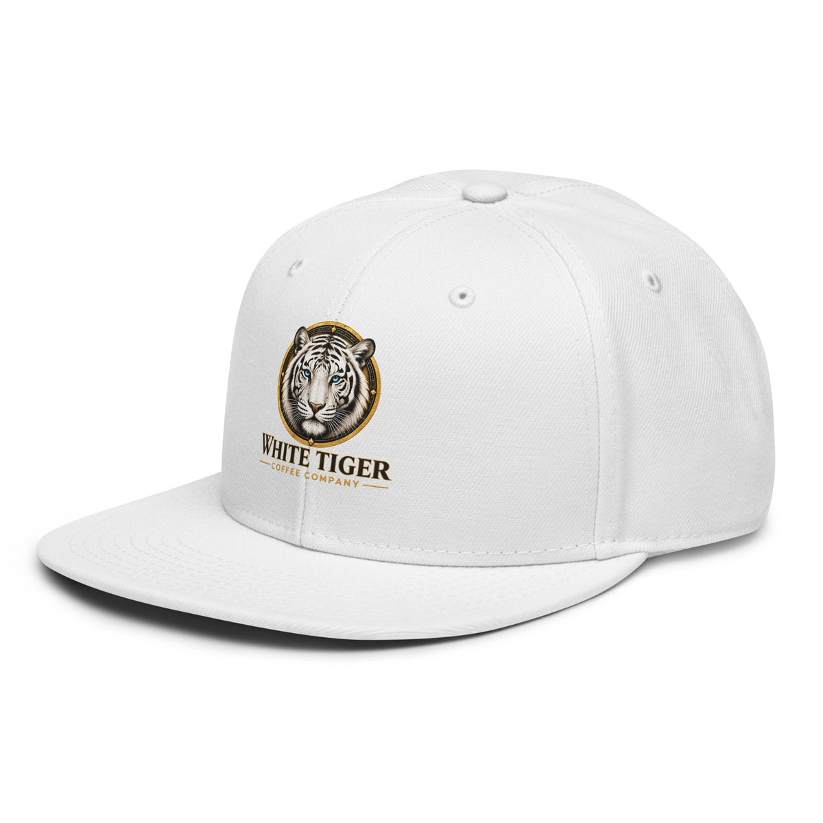 Snapback Hat in white structured fabric with a flat brim and embroidered tiger logo with gold lettering.
