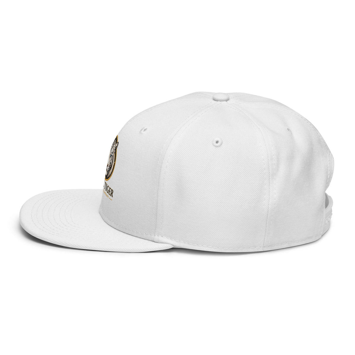 Snapback Hat in white structured fabric, featuring a flat brim, stitched panels, and a small embroidered side emblem.