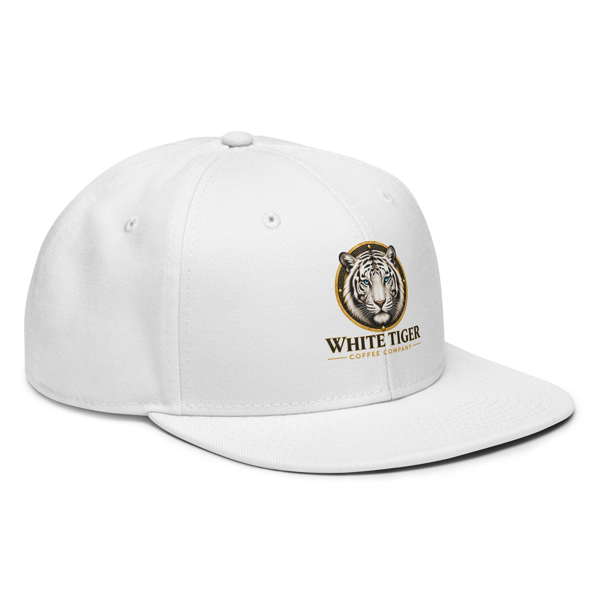 White structured Snapback Hat with a smooth fabric finish, flat brim, and embroidered tiger logo with gold accents.