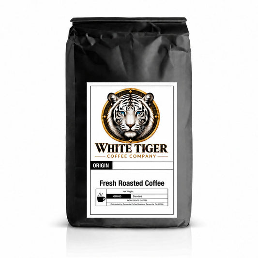 Sumatra — White Tiger Coffee Company bag with blue-eyed tiger and gold logo