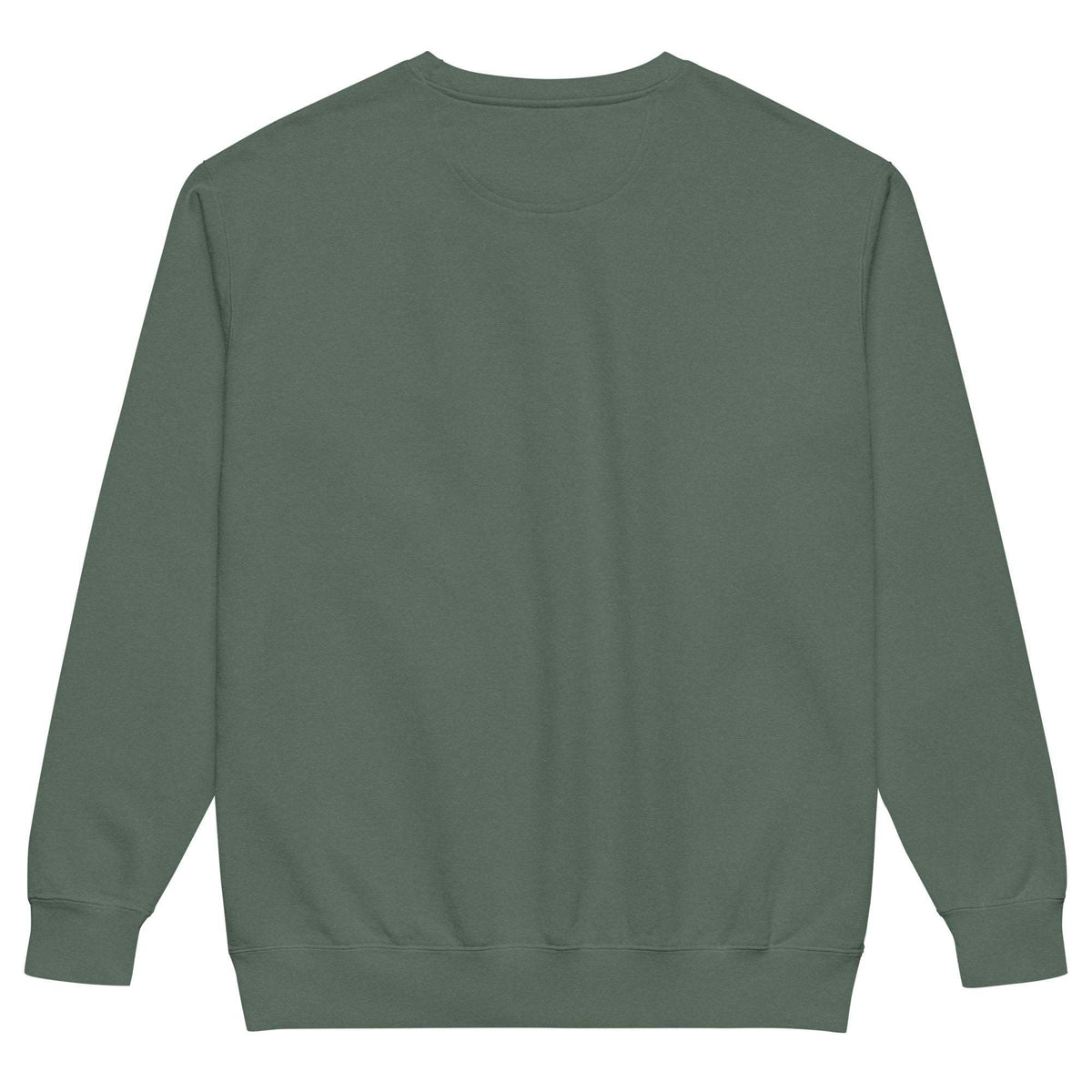 Unisex Garment-Dyed Sweatshirt in muted sage green cotton-blend fleece, with a plain design, crew neck, and ribbed cuffs and hem.