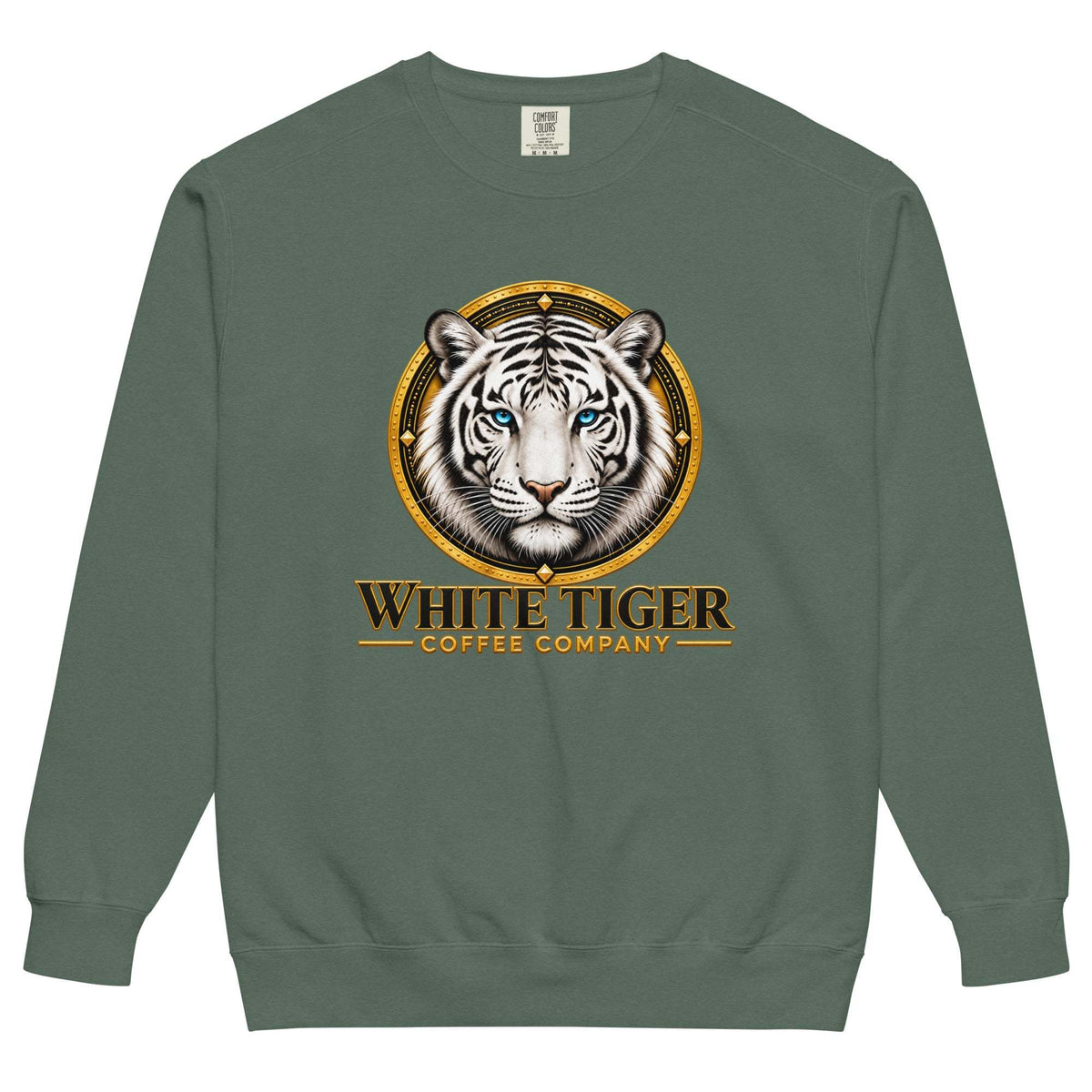 Unisex Garment-Dyed Sweatshirt in muted green cotton fleece, featuring a ribbed crew neck and cuffs with a white tiger graphic.