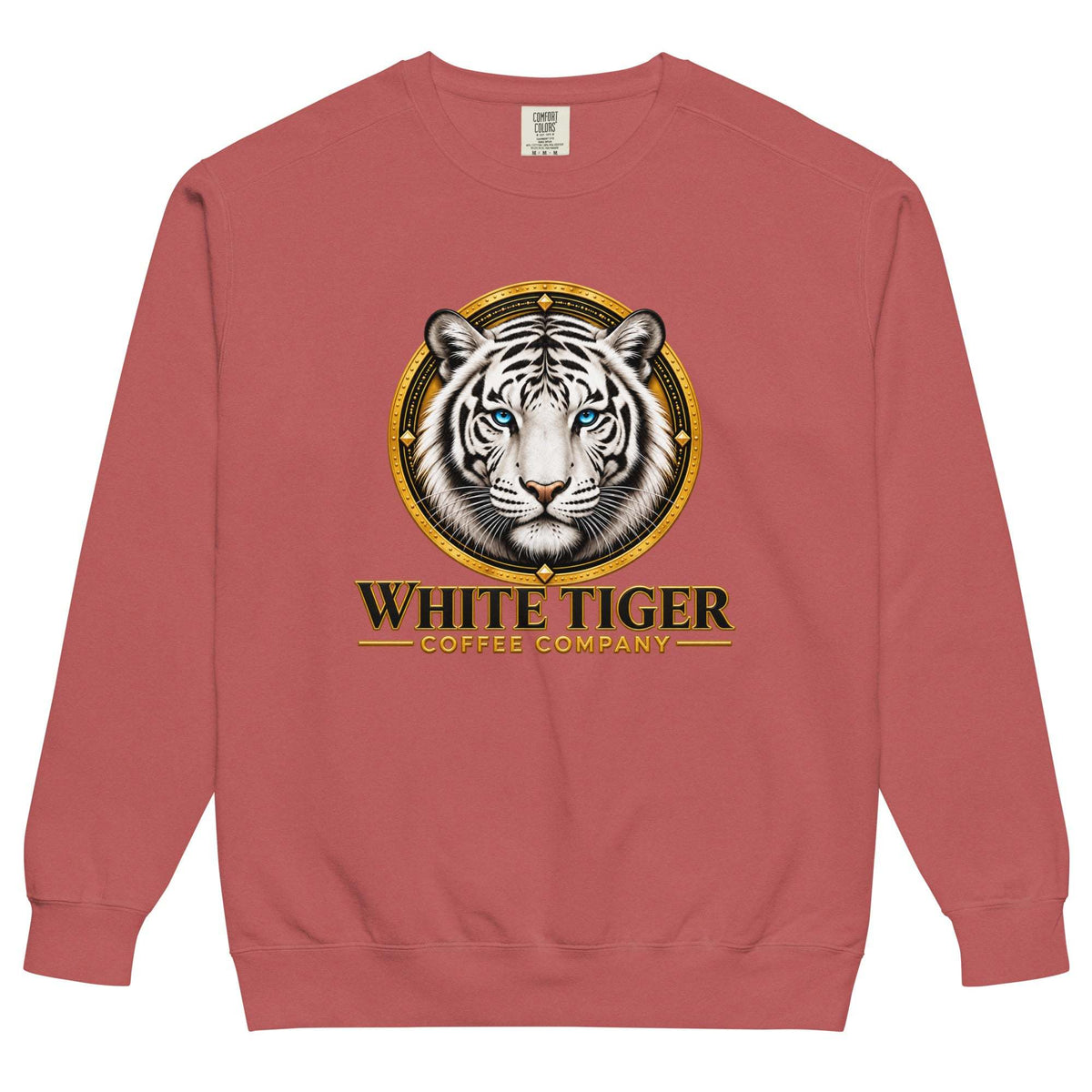 Unisex Garment-Dyed Sweatshirt in dusty rose cotton fleece, featuring a white tiger emblem and gold lettering on the chest.