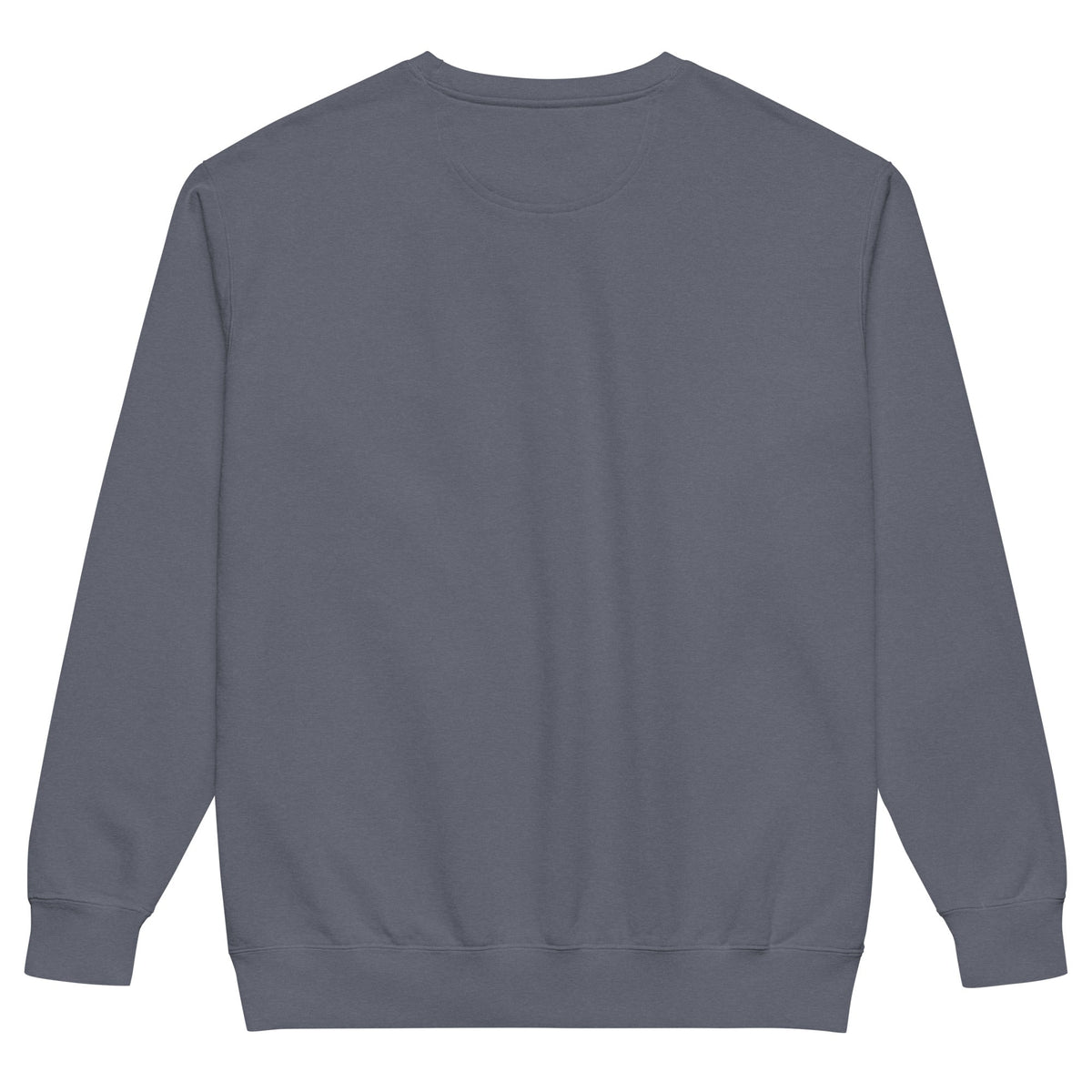 Unisex Garment-Dyed Sweatshirt in muted slate gray cotton fleece, with a plain back, ribbed cuffs and hem.