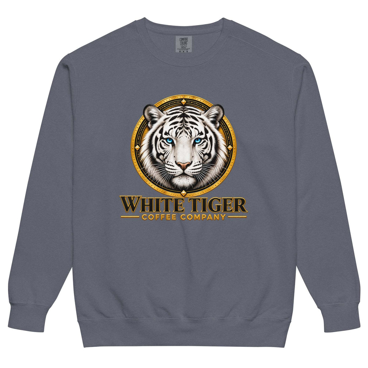 Unisex Garment-Dyed Sweatshirt in slate gray cotton fleece, featuring a white tiger graphic and gold lettering on the chest.
