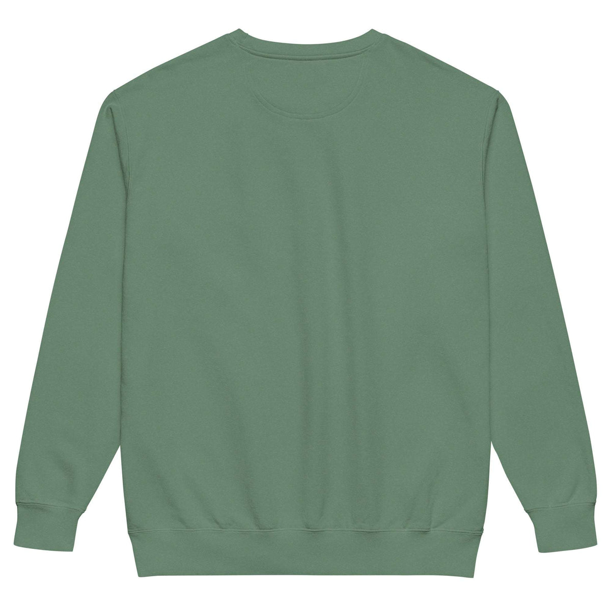 Unisex Garment-Dyed Sweatshirt in muted sage green, with a solid color, crew neck, long sleeves, and ribbed cuffs and hem.
