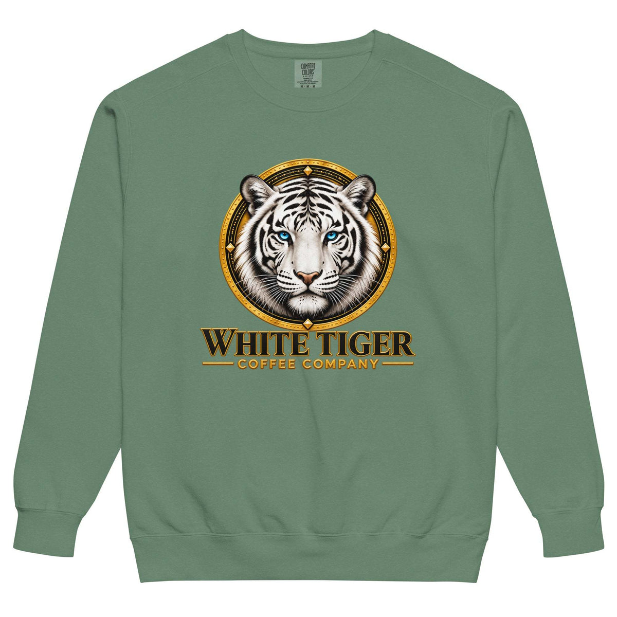 Unisex Garment-Dyed Sweatshirt in muted sage green, with a ribbed crew neck and white tiger coffee company graphic.