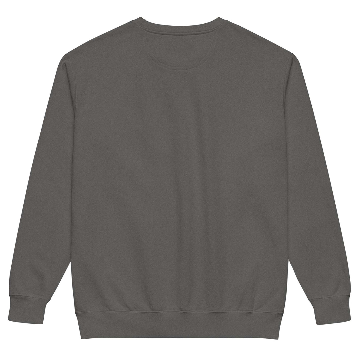Unisex Garment-Dyed Sweatshirt in charcoal gray cotton-blend fleece, with a solid design, crew neck, and ribbed cuffs and hem.