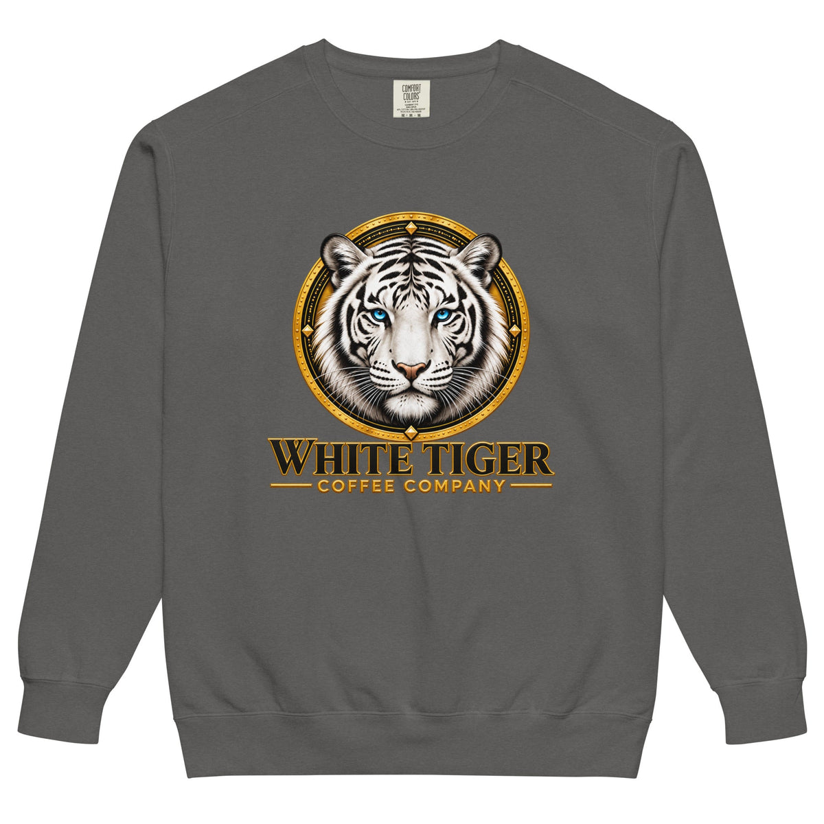 Unisex Garment-Dyed Sweatshirt in charcoal gray fleece, featuring a white tiger graphic and gold coffee company lettering.