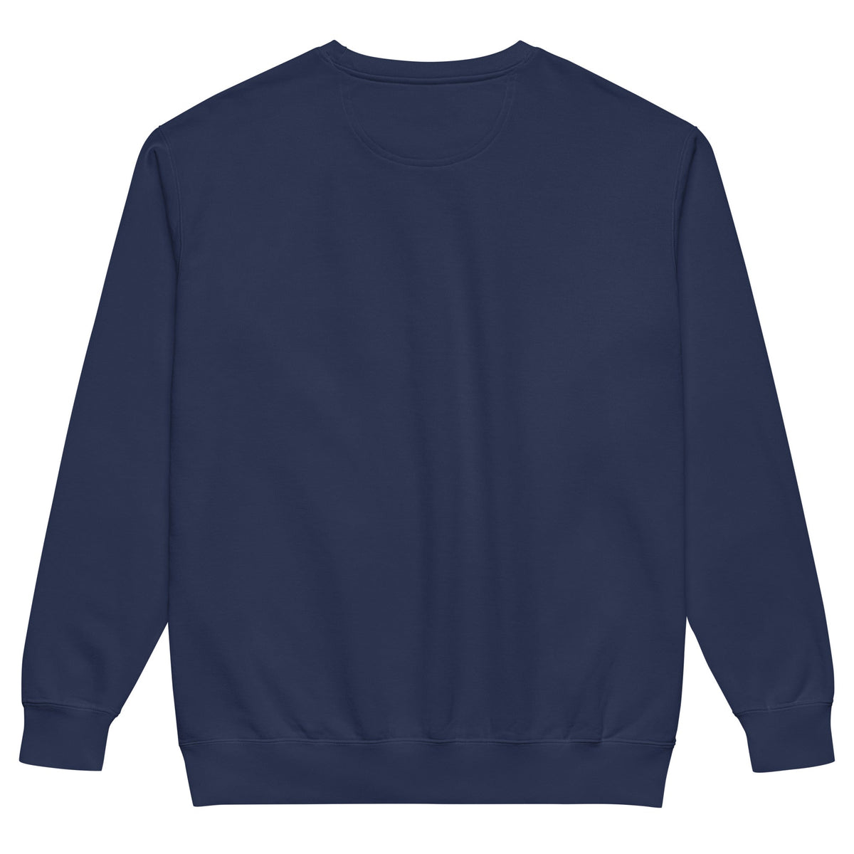 Unisex Garment-Dyed Sweatshirt in solid navy cotton-blend fleece, featuring a crew neck, long sleeves, and ribbed cuffs and hem.