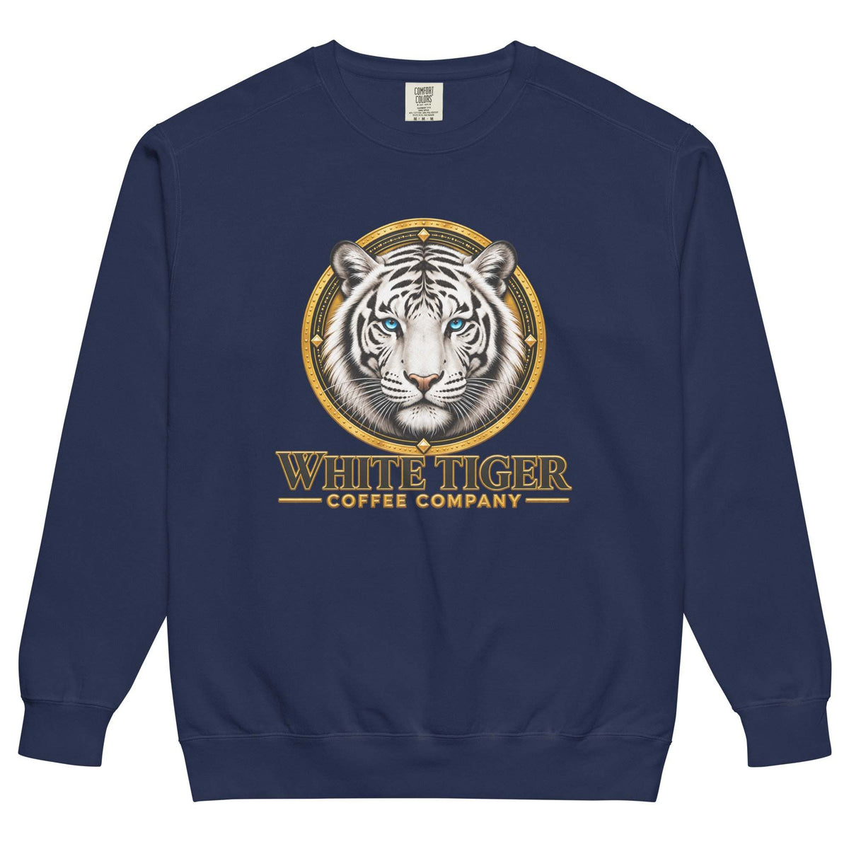 Unisex Garment-Dyed Sweatshirt in navy cotton-blend fleece, featuring a white tiger graphic and gold lettering.